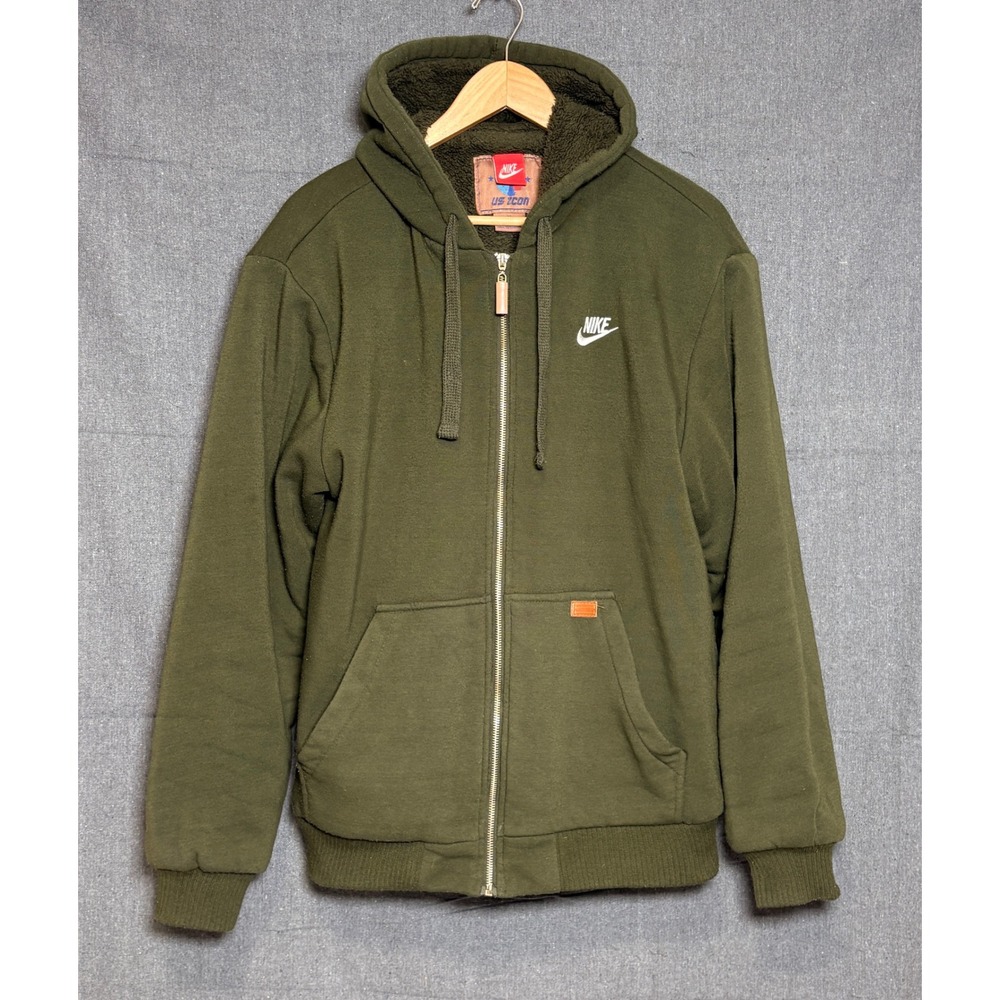 Nike US Icon‎ Mens XL Full Zip Hoodie Sherpa Lined Olive Green Heavy Sweatshirt